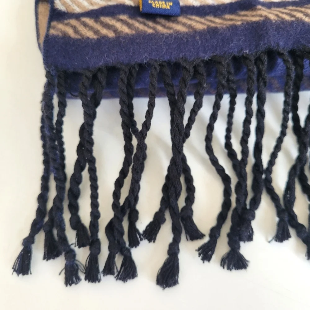 100% Silk Club Room Plaid Scarf Blue Tan w Fringe